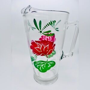 Vintage Floral Glass Pitcher Rose Pattern Water Juice Jug